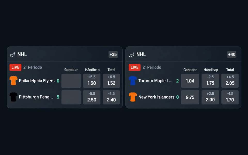 Ejemplo de tarjetas de apuestas deportivas en directo.