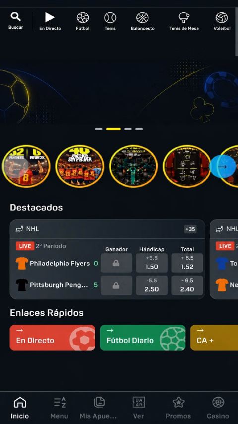 Ejemplo de navegación móvil con categorías deportivas y acceso al casino.