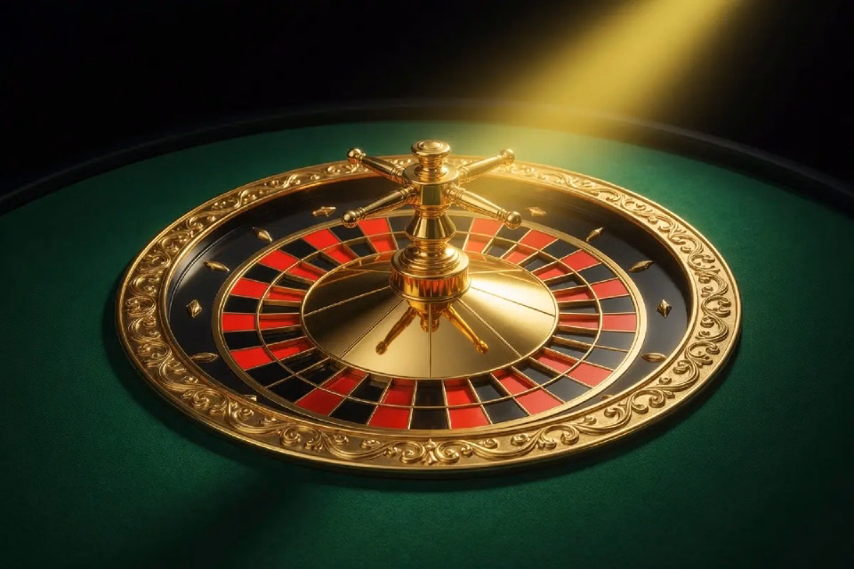 Rueda de ruleta ilustrada sobre una mesa oscura.