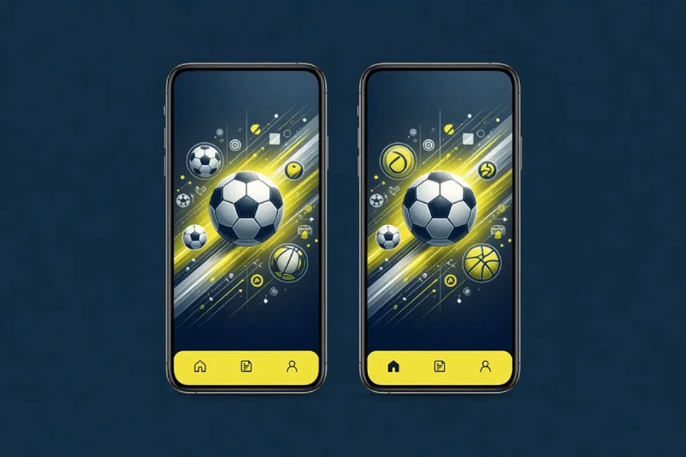 Dos teléfonos ilustrados con una interfaz deportiva abstracta.
