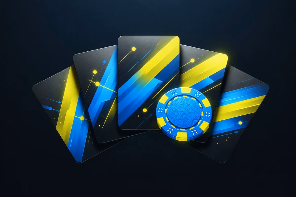 Tarjetas promocionales abstractas con acentos amarillos y azules.