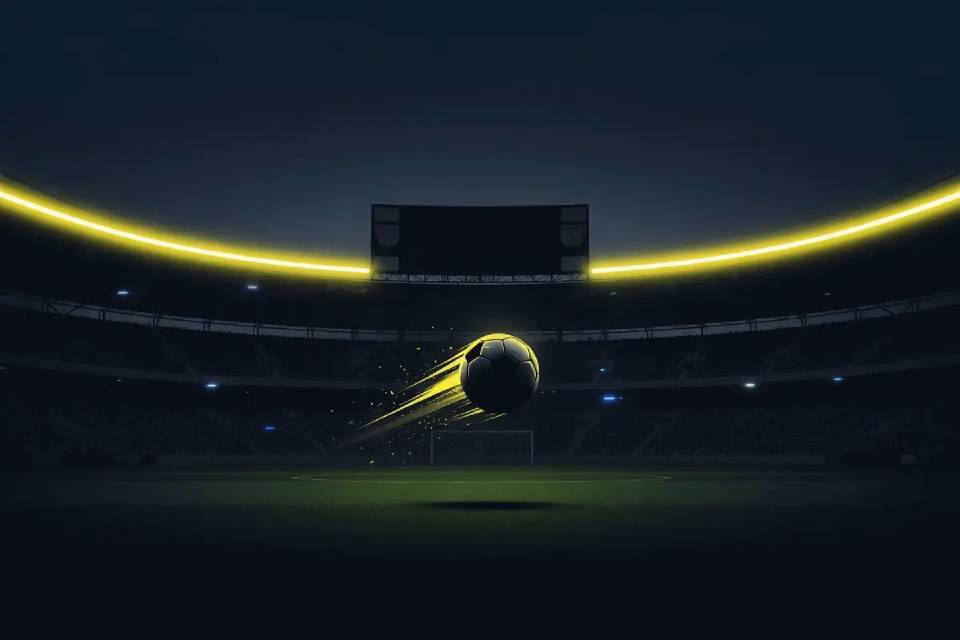 Estadio nocturno ilustrado con una franja de luz amarilla.