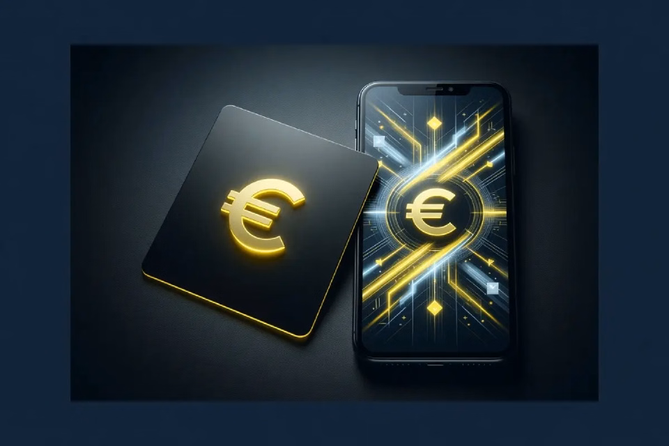 Tarjeta bancaria y teléfono ilustrados sobre un fondo oscuro.