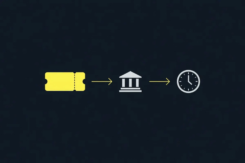 Trayecto ilustrado de una retirada hacia una cuenta bancaria.