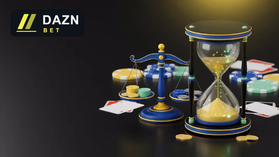 Reloj de arena con arena verde junto a una balanza pequeña, con fichas y el logotipo de DAZN Bet en un fondo oscuro.