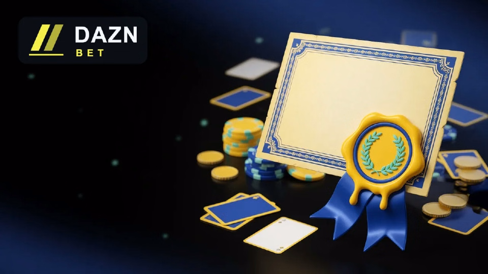 Certificado con sello de lacre rojo y cinta verde, junto a fichas amarillas y verdes, con el logotipo de DAZN Bet en un fondo oscuro.