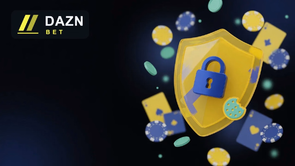 Escudo azul luminoso con un candado y una cookie, rodeado de fichas y cartas, con el logotipo de DAZN Bet al fondo.