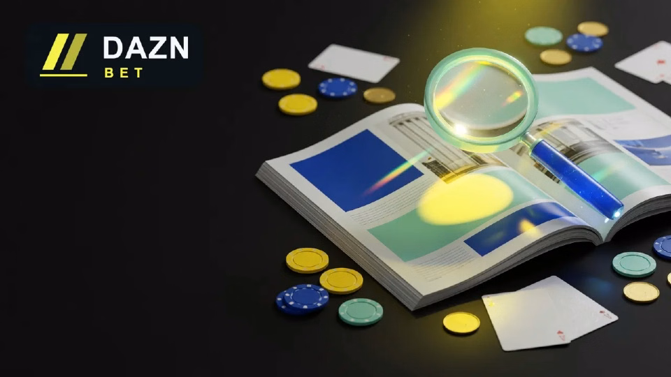 Lupa de cristal amarillo sobre una revista abierta, con fichas verdes y azules y el logotipo de DAZN Bet en un fondo oscuro.