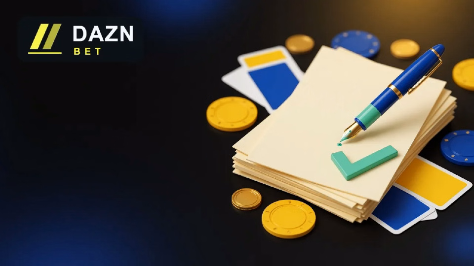 Pila de documentos con una pluma azul y una marca de verificación verde, entre fichas, con el logotipo de DAZN Bet al fondo.